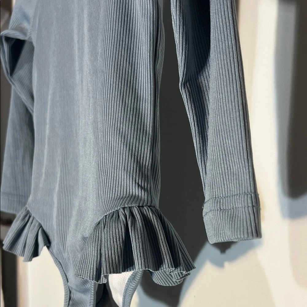 Girls Gray Blue Long Sleeve Swimsuit with Ruffle Detail